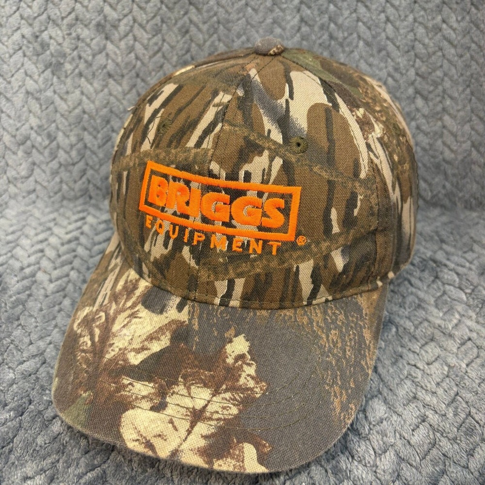 Briggs Equipment Camo Baseball Hat Orange Embroidered Logo Adjustable Cap